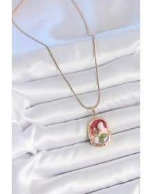 316L Çelik Gold Renk Zincir Mix Renk İncili Çiçek İşlemeli Portre Model Kadın Kolye