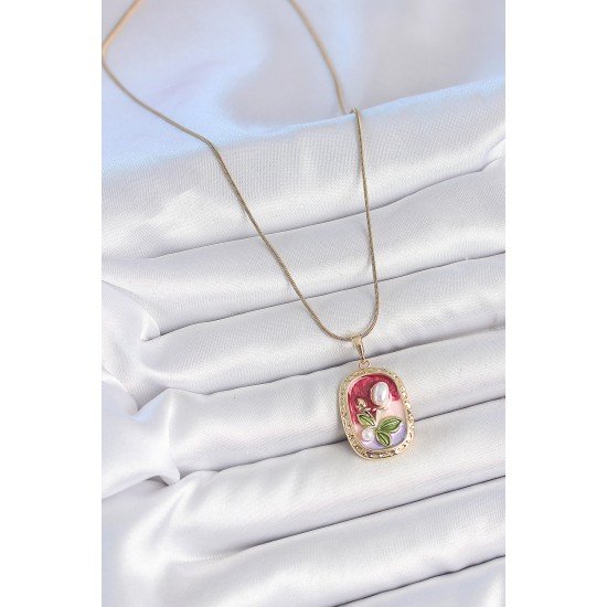 316L Çelik Gold Renk Zincir Mix Renk İncili Çiçek İşlemeli Portre Model Kadın Kolye