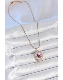 316L Çelik Gold Renk Zincir Mor Mineli İncili Çiçek İşlemeli Portre Model Kadın Kolye