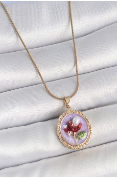 316L Çelik Gold Renk Zincir Mor Mineli İncili Çiçek İşlemeli Portre Model Kadın Kolye
