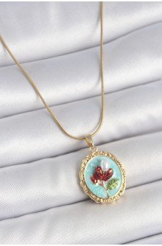 316L Çelik Gold Renk Zincir Turkuaz Mineli İncili Çiçek İşlemeli Portre Model Kadın Kolye