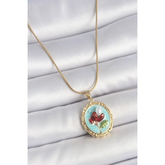 316L Çelik Gold Renk Zincir Turkuaz Mineli İncili Çiçek İşlemeli Portre Model Kadın Kolye 316L Çelik Gold Renk Zincir Turkuaz Mineli İncili Çiçek İşlemeli Portre Model Kadın Kolye