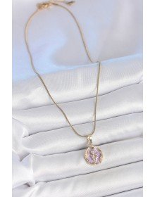 316L Çelik Gold Renk Zincir Mor Mineli Çiçek İşlemeli Portre Model Kadın Kolye