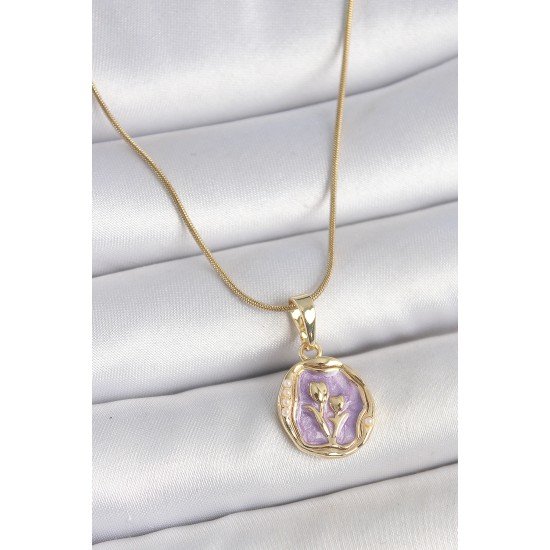316L Çelik Gold Renk Zincir Mor Mineli Çiçek İşlemeli Portre Model Kadın Kolye