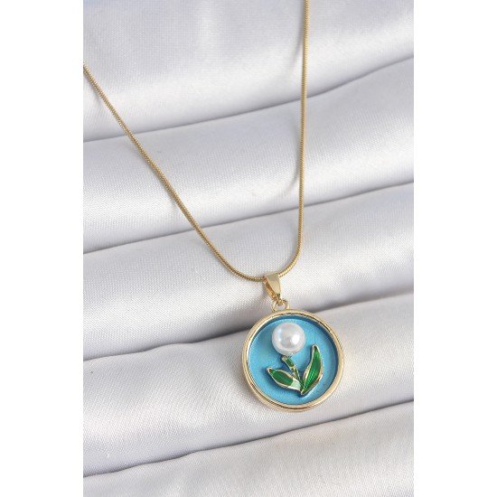 316L Çelik Gold Renk Zincir Mavi Mineli İncili Çiçek İşlemeli Portre Model Kadın Kolye