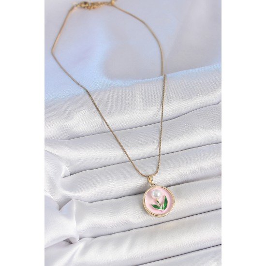 316L Çelik Gold Renk Zincir Pembe Mineli İncili Çiçek İşlemeli Portre Model Kadın Kolye 316L Çelik Gold Renk Zincir Pembe Mineli İncili Çiçek İşlemeli Portre Model Kadın Kolye