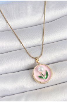 316L Çelik Gold Renk Zincir Pembe Mineli İncili Çiçek İşlemeli Portre Model Kadın Kolye