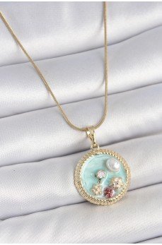 316L Çelik Gold Renk Zincir Mavi Mineli İnci Çiçek İşlemeli Zirkon Taş Detaylı Madalyon Model Kadın Kolye