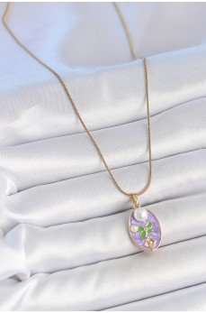 316L Çelik Gold Renk Zincir Mor Mineli Oval İncili Çiçek İşlemeli Portre Model Kadın Kolye