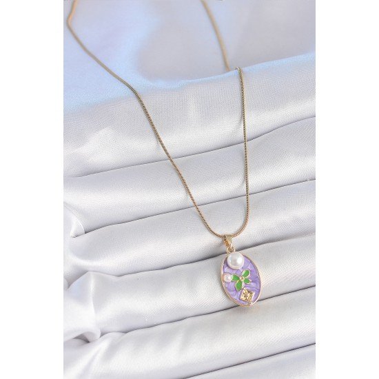 316L Çelik Gold Renk Zincir Mor Mineli Oval İncili Çiçek İşlemeli Portre Model Kadın Kolye
