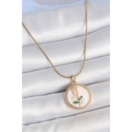 316L Çelik Gold Renk Beyaz Mineli İncili Çiçek İşlemeli Portre Model Kadın Kolye