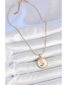 316L Çelik Gold Renk Beyaz Mineli İncili Çiçek İşlemeli Portre Model Kadın Kolye