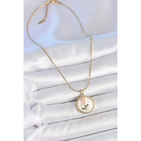 316L Çelik Gold Renk Beyaz Mineli İncili Çiçek İşlemeli Portre Model Kadın Kolye 316L Çelik Gold Renk Beyaz Mineli İncili Çiçek İşlemeli Portre Model Kadın Kolye