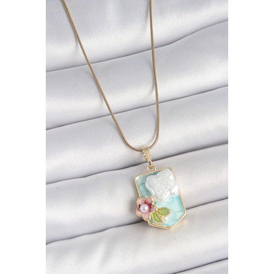 316L Çelik Gold Renk Zincir Mavi Mineli İncili Çiçek İşlemeli Portre Model Kadın Kolye