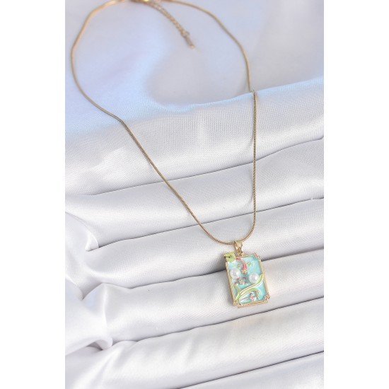 316L Çelik Gold Renk Zincir Mavi Mineli İncili Çiçek İşlemeli Portre Model Kadın Kolye