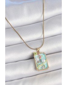 316L Çelik Gold Renk Zincir Mavi Mineli İncili Çiçek İşlemeli Portre Model Kadın Kolye