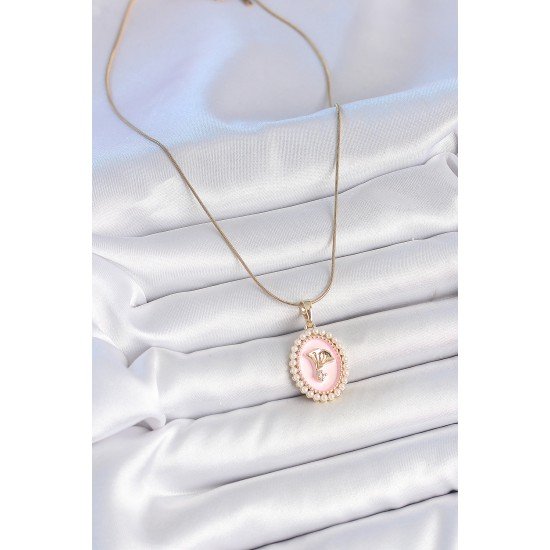 316L Çelik Gold Renk Zincir Pembe Mineli İncli Zirkon Taşlı Çiçek İşlemeli Portre Model Kadın Kolye