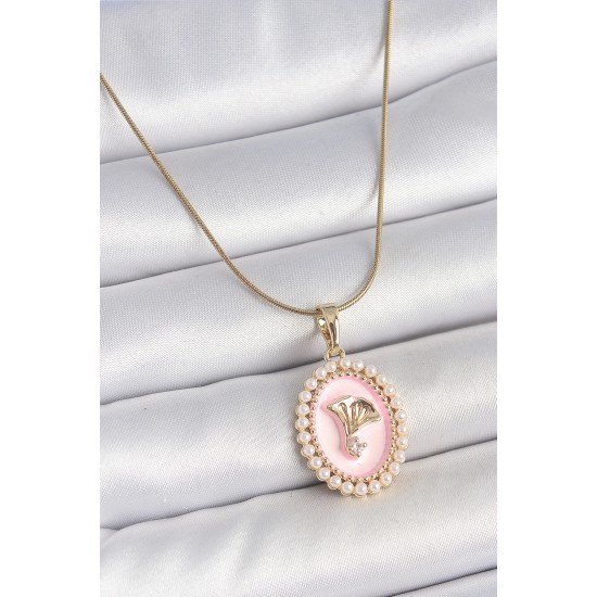 316L Çelik Gold Renk Zincir Pembe Mineli İncli Zirkon Taşlı Çiçek İşlemeli Portre Model Kadın Kolye