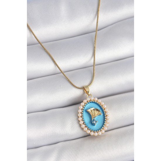 316L Çelik Gold Renk Zincir Mavi Mineli İncili Zirkon Taşlı Çiçek İşlemeli Portre Model Kadın Kolye