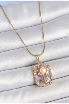 316L Çelik Gold Renk Zincir Mor Mineli İncili Papatya İşlemeli Portre Model Kadın Kolye