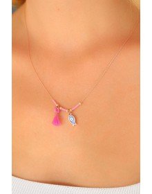 Nazar Boncuklu Pembe Renk Taşlı Rose Bayan Kolye