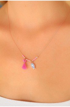 Nazar Boncuklu Pembe Renk Taşlı Rose Bayan Kolye