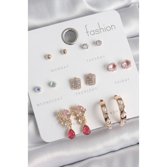 Pirinç Gold Renk Zirkon Taşlı Çiçek Figür İncili Halka Figür 7 Çift Kadın Küpe Seti Pirinç Gold Renk Zirkon Taşlı Çiçek Figür İncili Halka Figür 7 Çift Kadın Küpe Seti