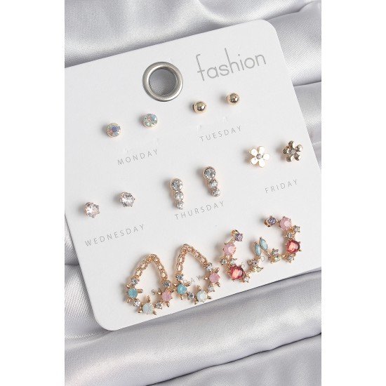 Pirinç Gold Renk Zirkon Taşlı Damla Model Yıldız Detaylı 7 Çift Kadın Küpe Seti