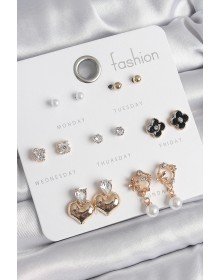 Pirinç Gold Renk Zirkon Taşlı Kalp Figür Siyah Yonca Detay 7 Çift Kadın Küpe Seti