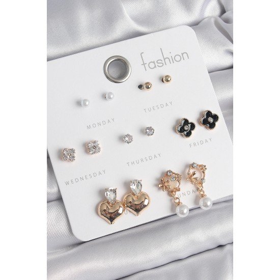 Pirinç Gold Renk Zirkon Taşlı Kalp Figür Siyah Yonca Detay 7 Çift Kadın Küpe Seti