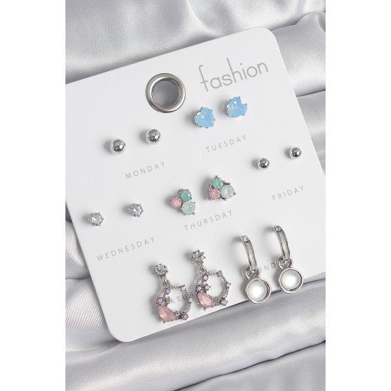 Pirinç Gümüş Renk Zirkon Taşlı Sallantı Halka Model Çiçek Detay 7 Çift Kadın Küpe Seti