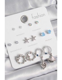 Pirinç Gümüş Renk İncli Zirkon Taşlı Halka Figür Yıldız Detay 7 Çift Kadın Küpe Seti