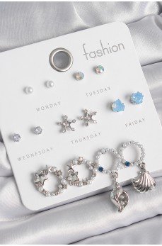 Pirinç Gümüş Renk İncli Zirkon Taşlı Halka Figür Yıldız Detay 7 Çift Kadın Küpe Seti