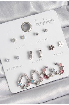 Pirinç Gümüş Renk Zirkon Taşlı Damla Model Çiçek Detay 7 Çift Kadın Küpe Seti