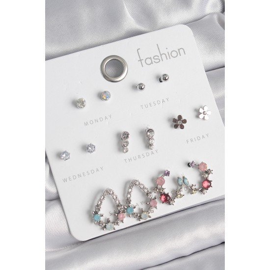 Pirinç Gümüş Renk Zirkon Taşlı Damla Model Çiçek Detay 7 Çift Kadın Küpe Seti