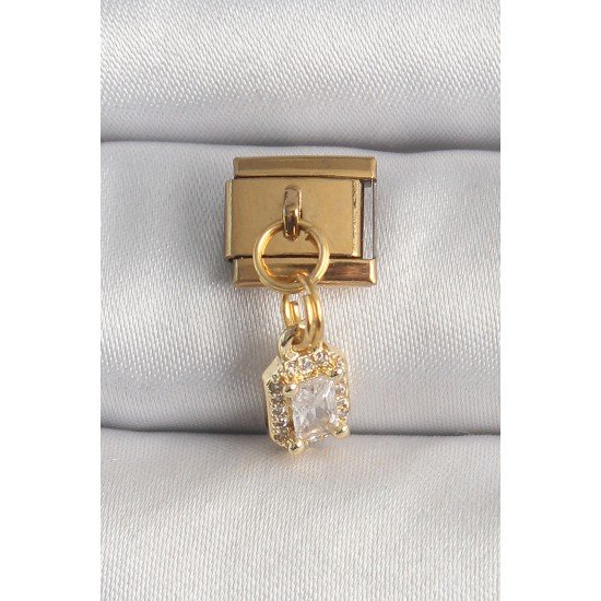 316L Çelik Gold Renk Sallantı Zirkon Taşlı Kare Model Nomination Charm
