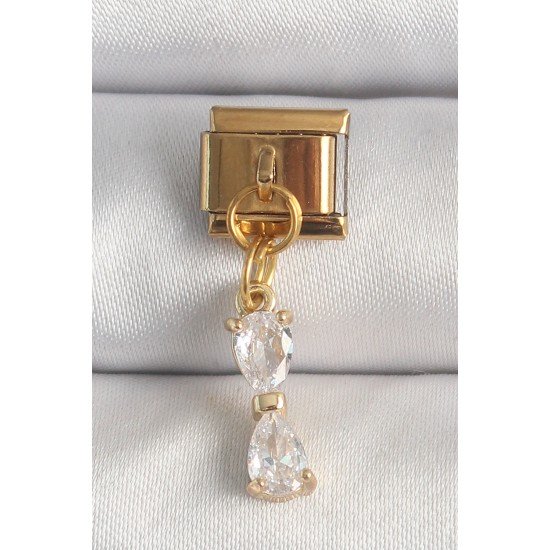 316L Çelik Gold Renk Sallantı Zirkon Taşlı Kurdele Model Nomination Charm