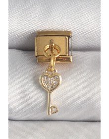 316L Çelik Gold Renk Sallantı Zirkon Taşlı Kalpli Anahtar Model Nomination Charm