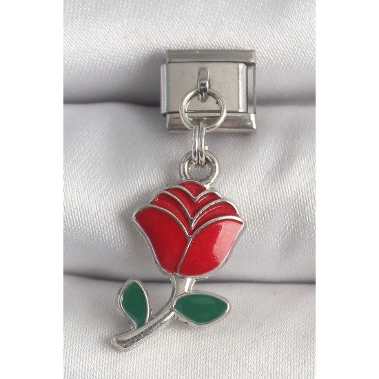 316L Çelik Gümüş Renk Sallantı Kırmızı Gül Model Nomination Charm