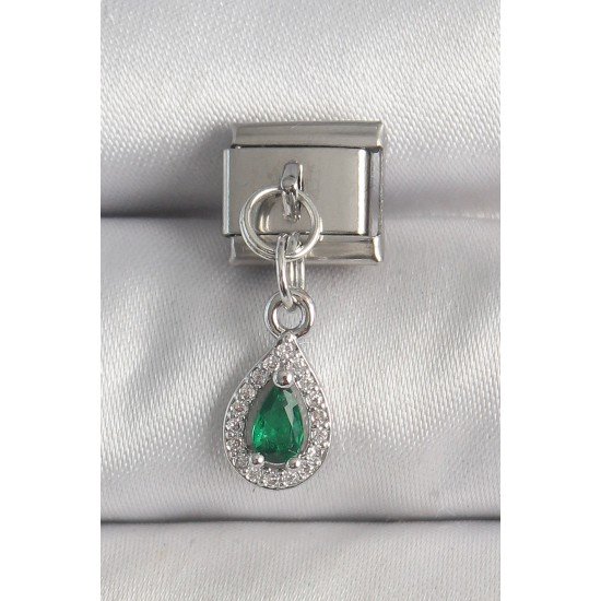 316L Çelik Gümüş Renk Sallantı Yeşil Zirkon Taşlı Damla Model Nomination Charm