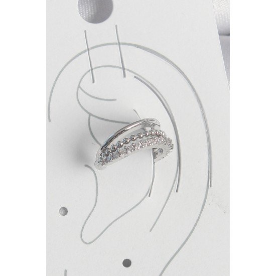 Pirinç Gümüş Renk Zirkon Taşlı 3'Lü Sıralı Kadın Kıkırdak Küpe