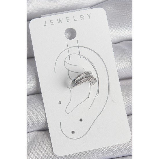 Pirinç Gümüş Renk Zirkon Taşlı 3'Lü Sıralı Kadın Kıkırdak Küpe