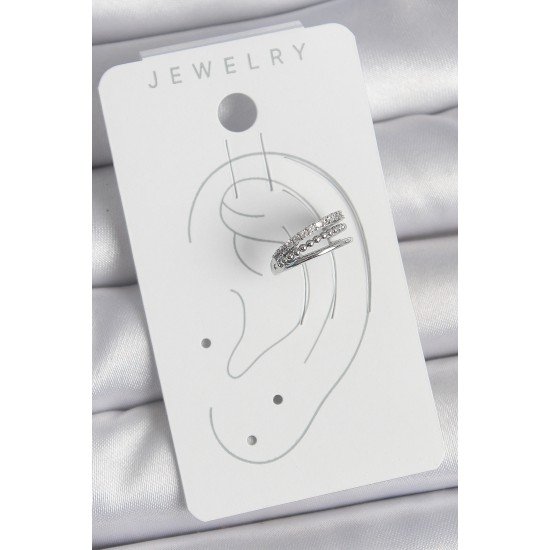 Pirinç Gümüş Renk Zirkon Taşlı 3'Lü Sıralı Model Kadın Kıkırdak Küpe