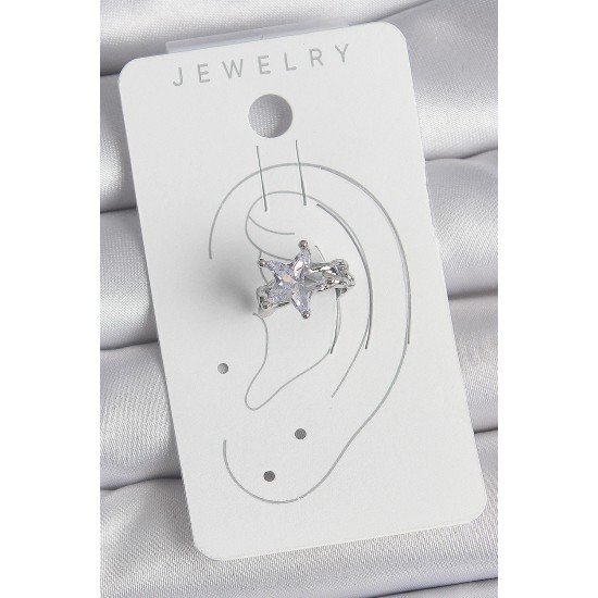 Pirinç Gümüş Renk Zirkon Taşlı Yıldız Model Kadın Kıkırdak Küpe