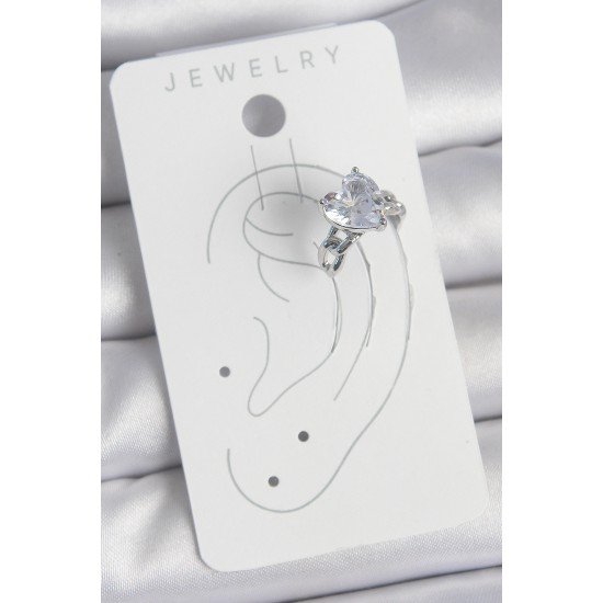 Pirinç Gümüş Renk Zirkon Taşlı Kalp Model Kadın Kıkırdak Küpe Pirinç Gümüş Renk Zirkon Taşlı Kalp Model Kadın Kıkırdak Küpe