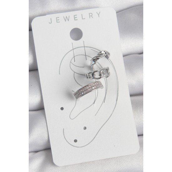 Pirinç Gümüş Renk Zirkon Taşlı 3'Lü Zincir Sarmal Model Kadın Kıkırdak Küpe