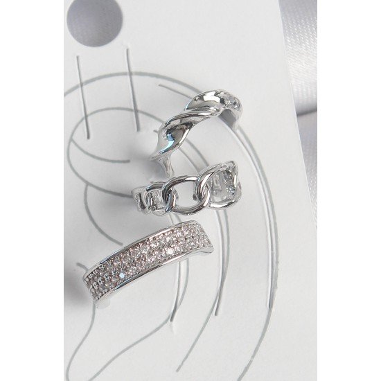 Pirinç Gümüş Renk Zirkon Taşlı 3'Lü Zincir Sarmal Model Kadın Kıkırdak Küpe