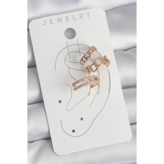 Pirinç Gold Renk Zirkon Taşlı Kare Zincir Model Kadın Kıkırdak Küpe