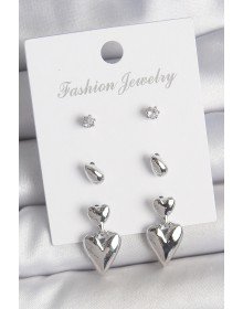Pirinç Gümüş Renk Zirkon Taşlı Sallantılı Kalp Model 3 Çift Kadın Küpe Seti