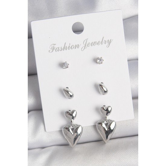 Pirinç Gümüş Renk Zirkon Taşlı Sallantılı Kalp Model 3 Çift Kadın Küpe Seti